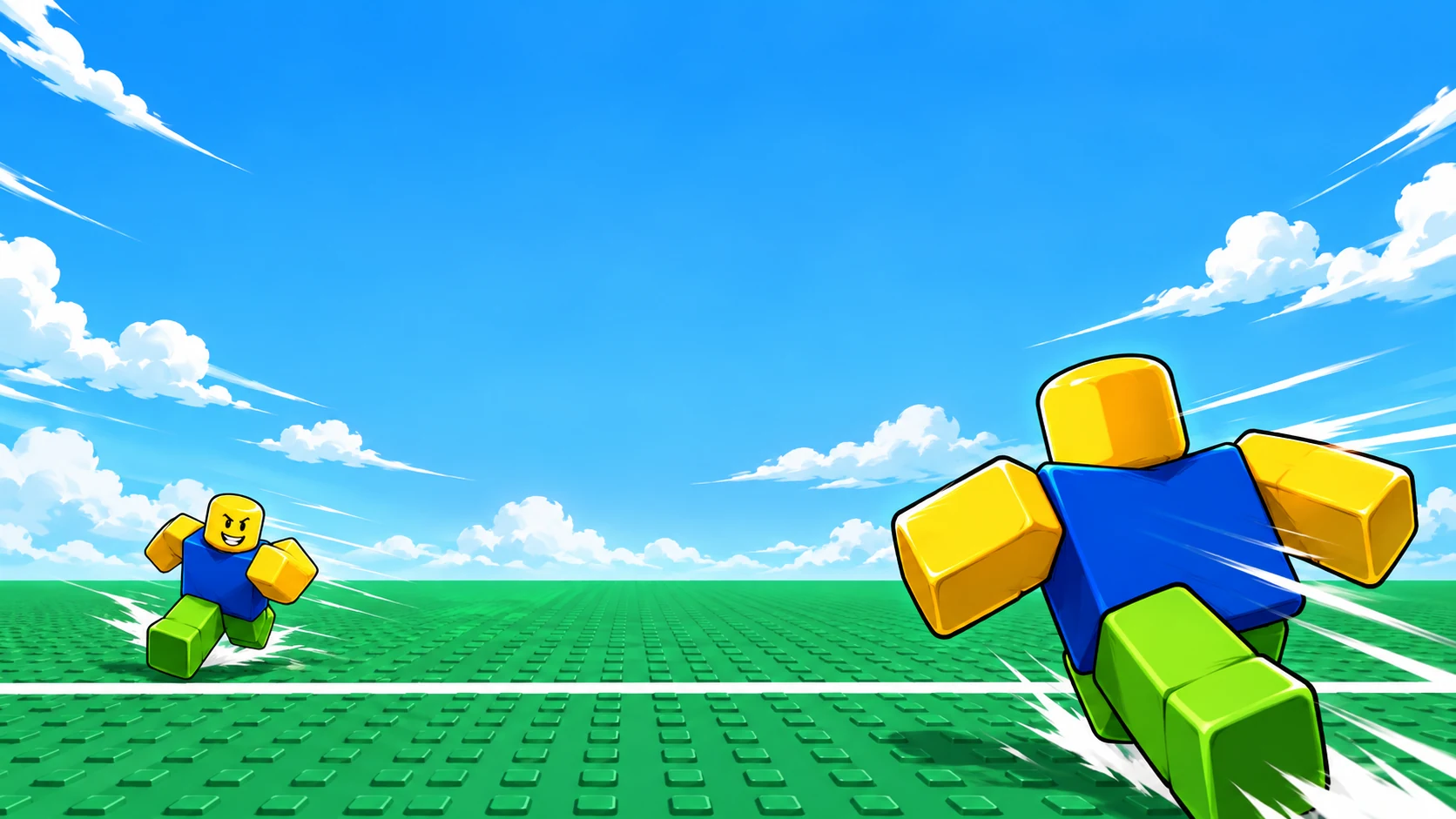 Illustrated classic block avatars running on a green studded field; not a gameplay screenshot.